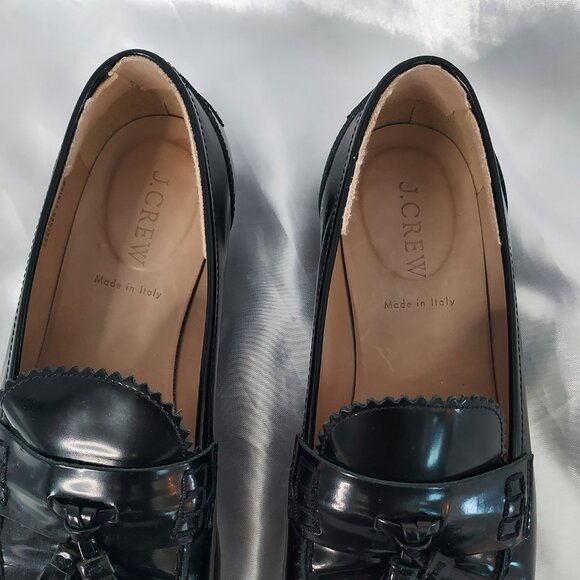 J. Crew Womens Academy Loafers Black Patent Leather Almond  J Crew Made in Italy  Black Academy Tassel Loafters Size 7.5